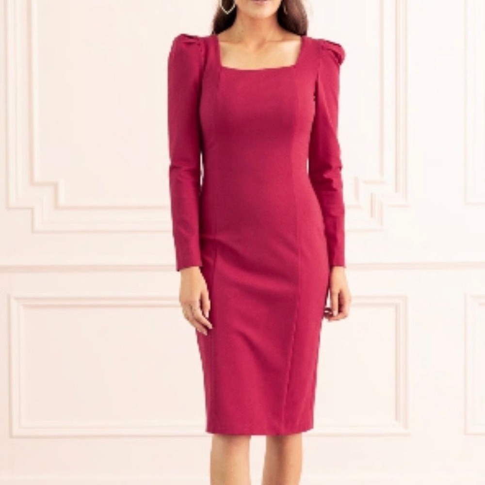 New Rachel Parcell Pink Red Square Neck Puff Sleeve Sheath Dress Size M